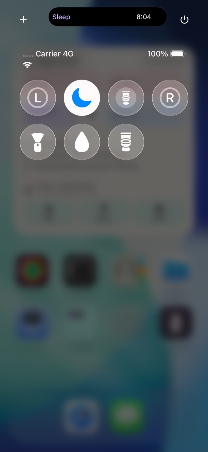Seven BabyTeller controls in iOS Control Center: left, sleep, diaper, right, pump, wet and dirty