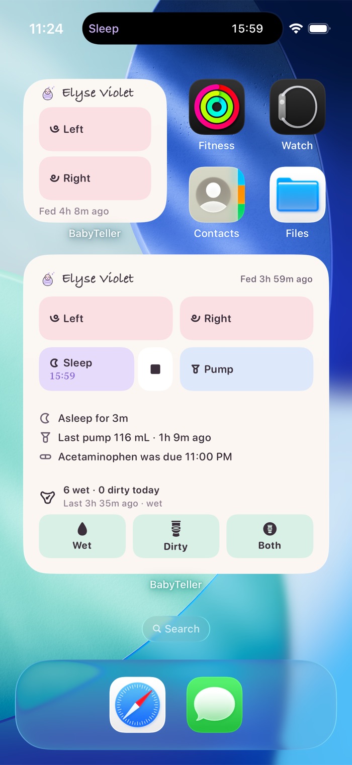 BabyTeller Home Screen widgets with feeding, sleep and diaper controls