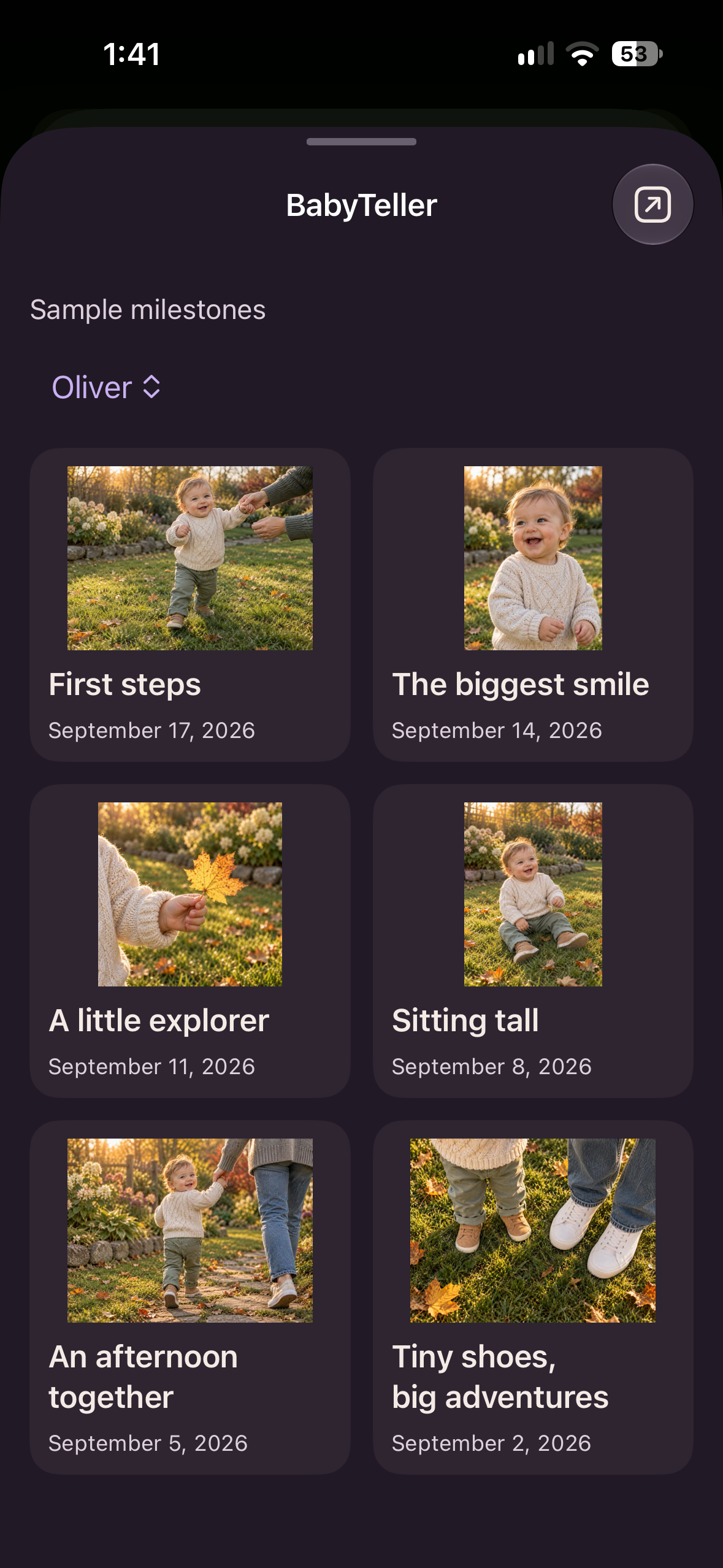 BabyTeller inside Messages, showing six fictional milestones for Oliver, including first steps and the biggest smile