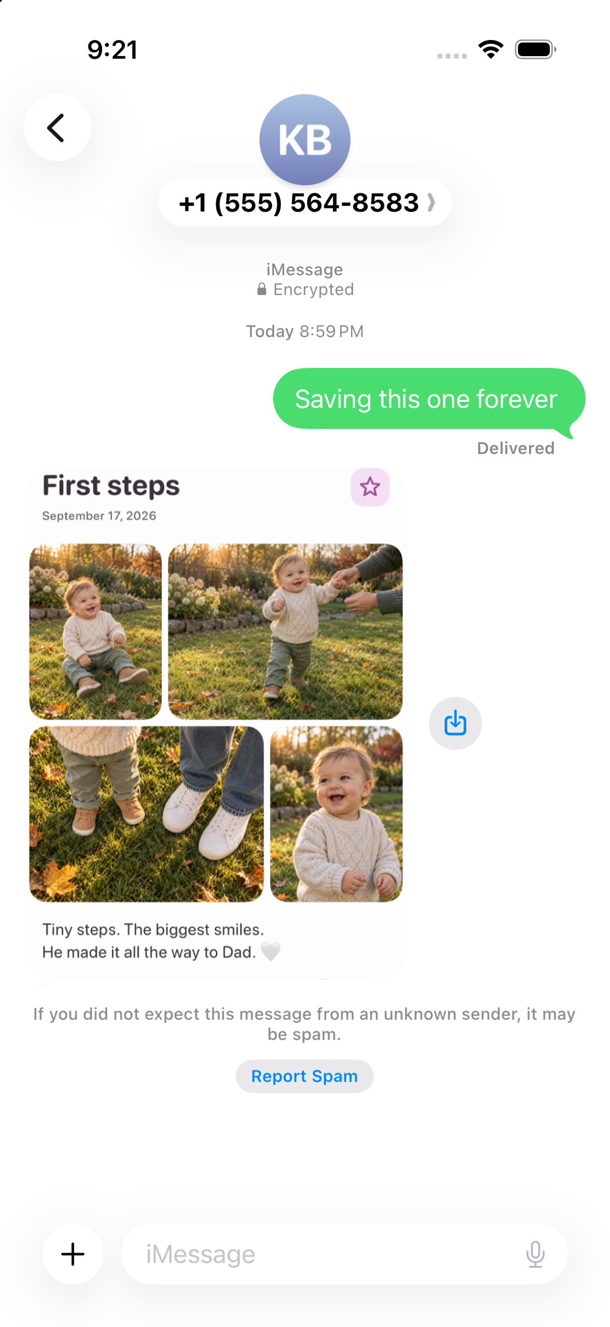 A fictional First steps milestone card received in a simulated Messages conversation, with four photos and a caption