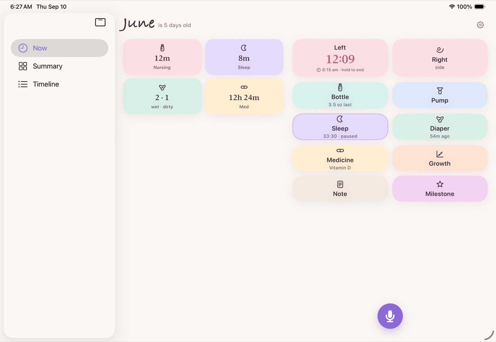 BabyTeller on an iPad in landscape: how long since the last feed, sleep, diaper change and dose on the left, and the buttons for logging the next one on the right