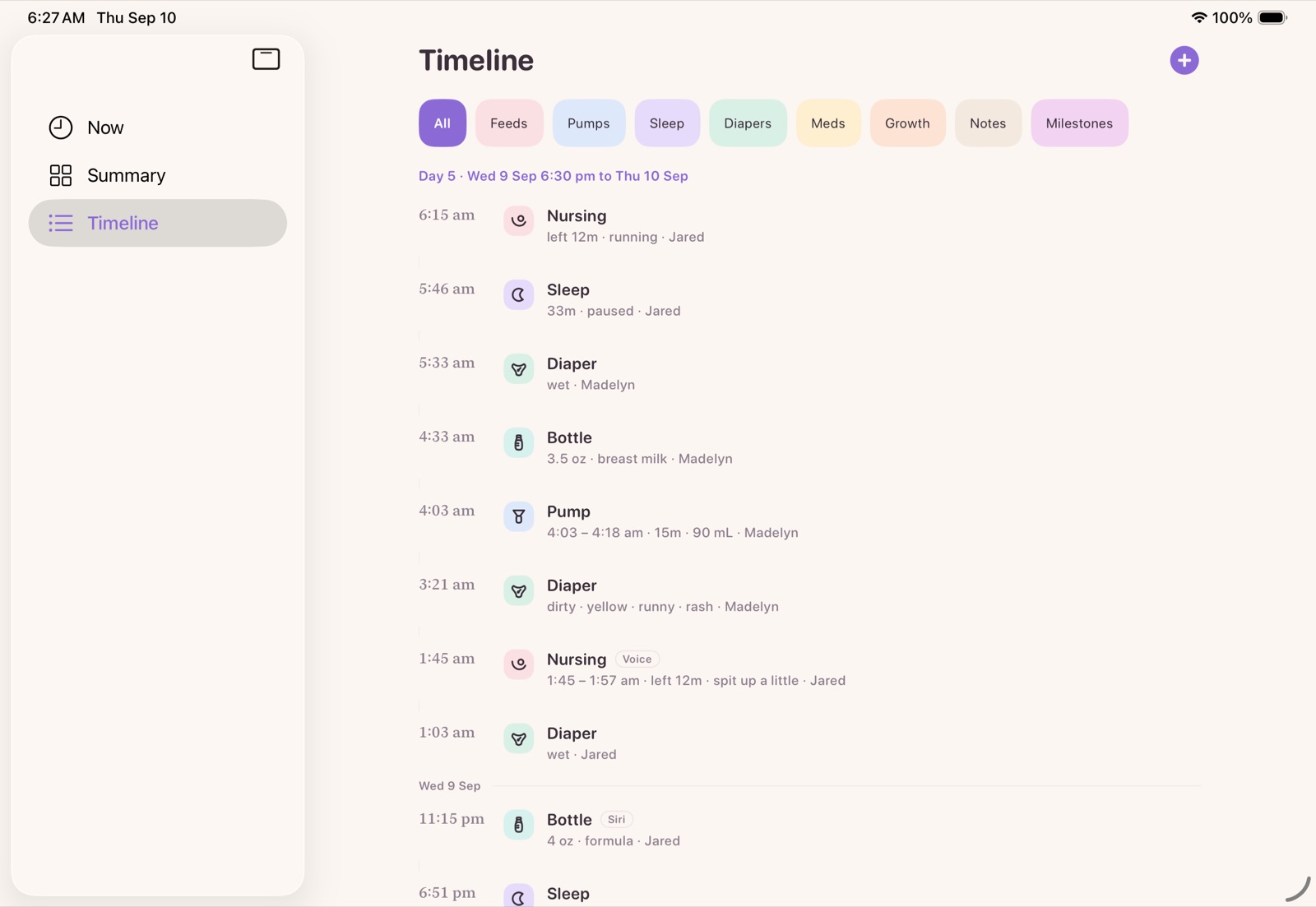 BabyTeller's timeline on iPad, its entries held to a readable column with wide margins either side