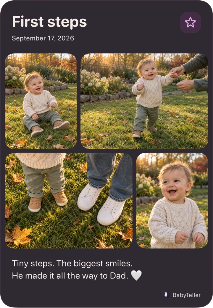 Every little detail: a first steps milestone card in deep plum