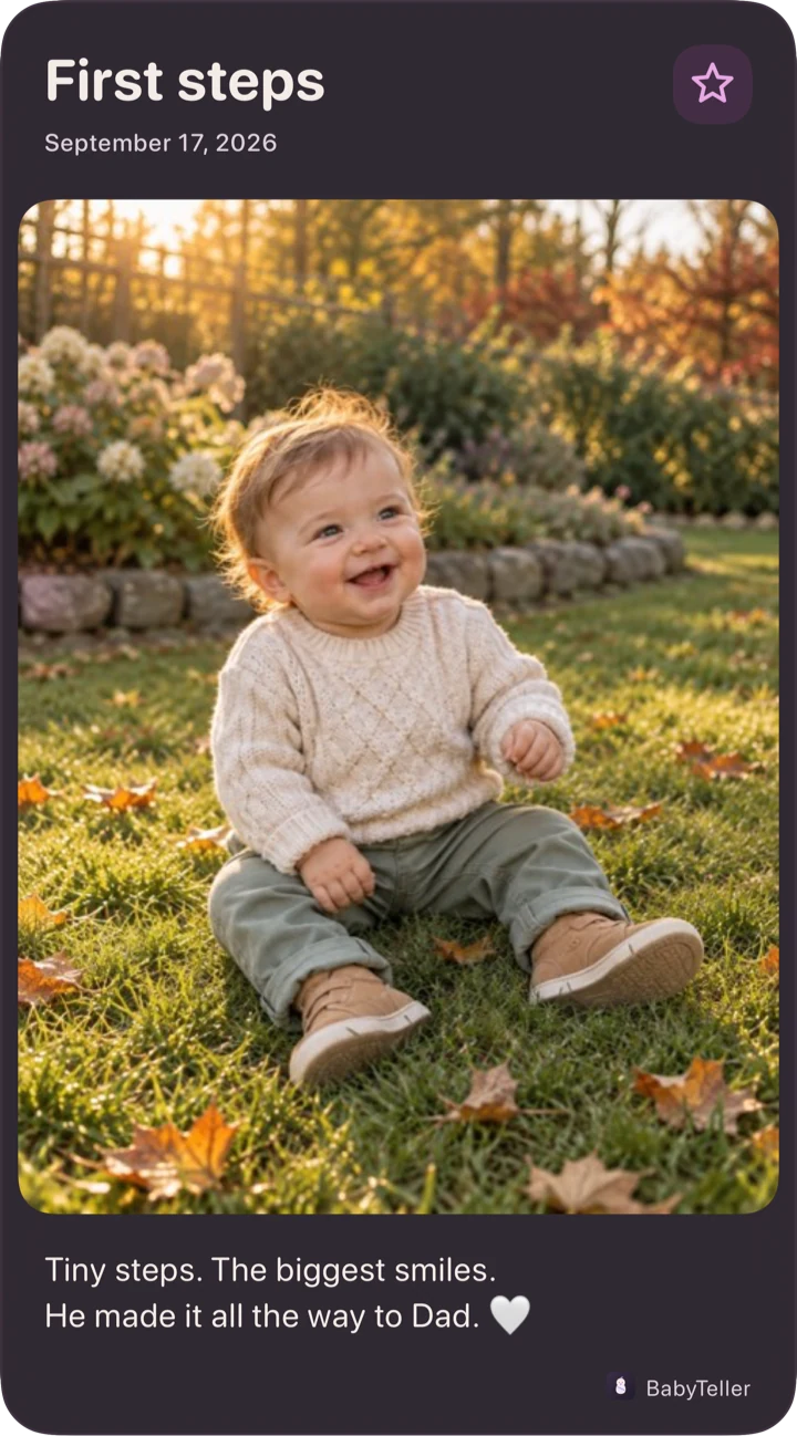 One favorite photo: a first steps milestone card in deep plum