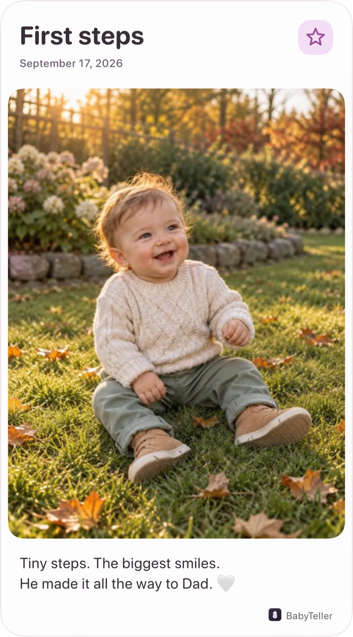 One favorite photo: a first steps milestone card in soft cream
