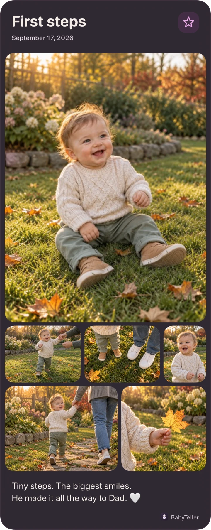 The whole story: a first steps milestone card in deep plum