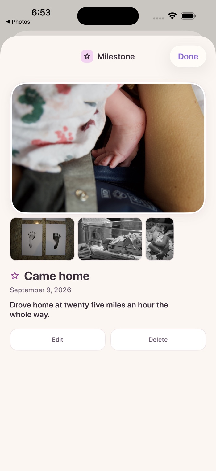 A milestone entry with several newborn photographs