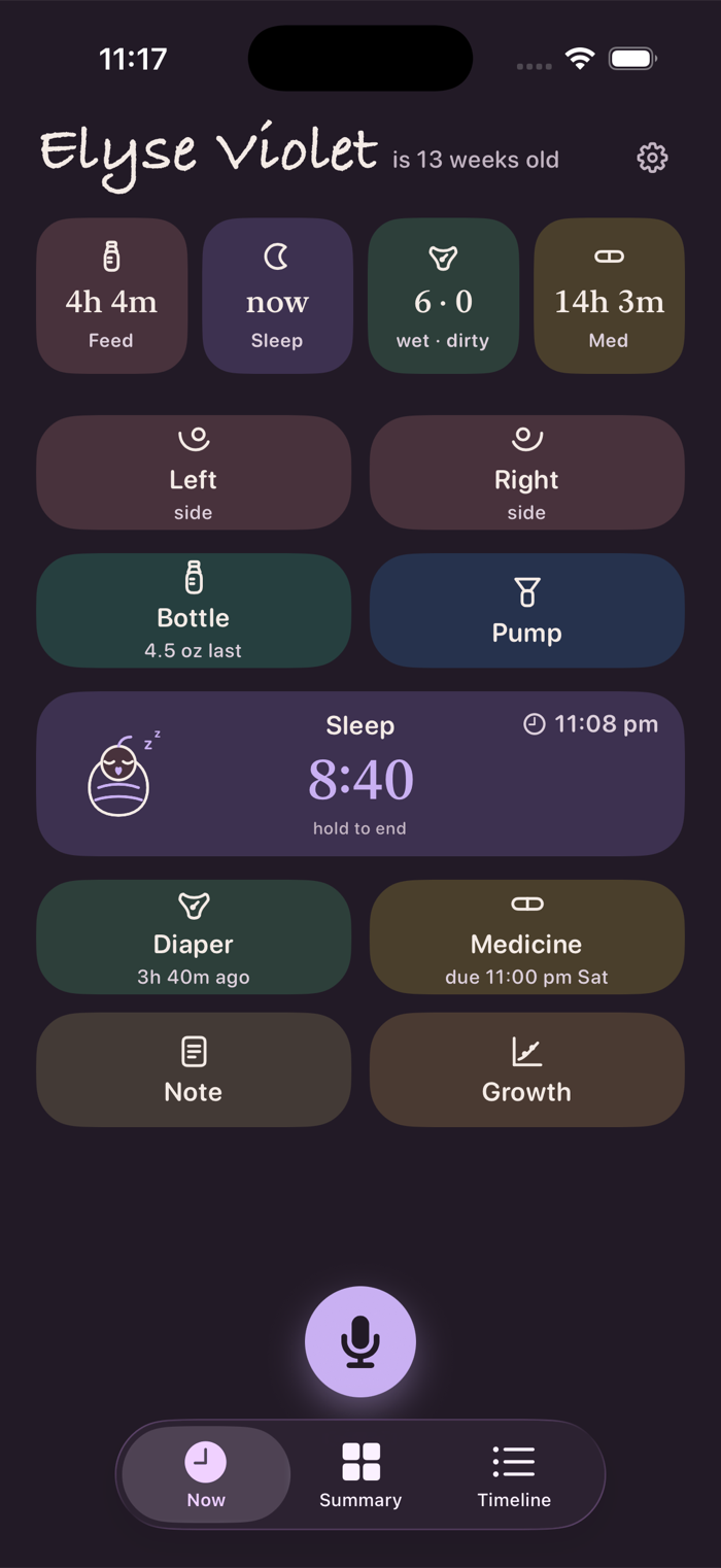 BabyTeller’s tracking screen in its deep plum night palette