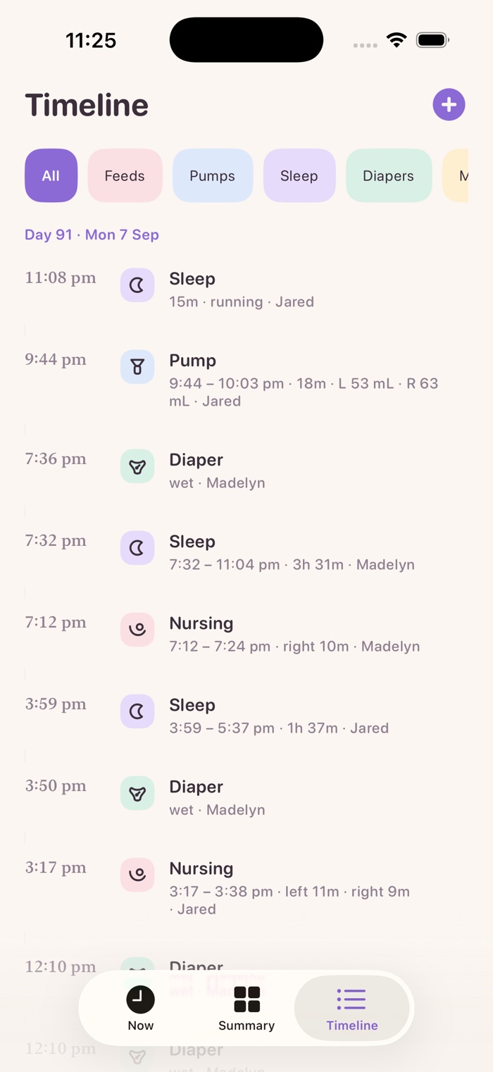 A shared timeline showing feeds and changes logged by Jared and Madelyn
