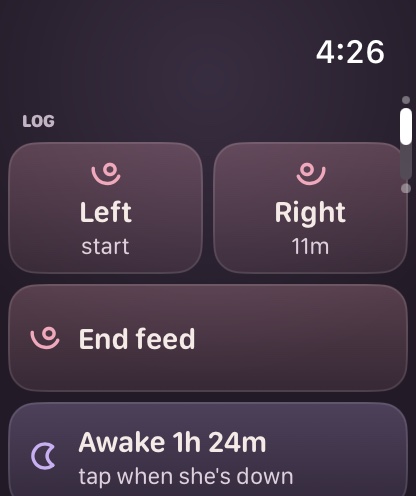 Apple Watch Log screen with Left and Right feeding buttons, End feed, and an Awake timer