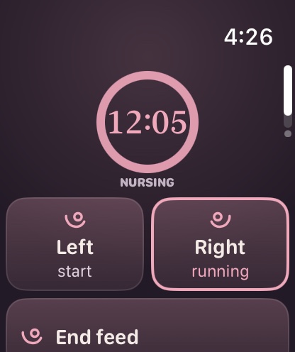 Apple Watch showing a nursing timer at twelve minutes, with Left and Right side buttons and End feed