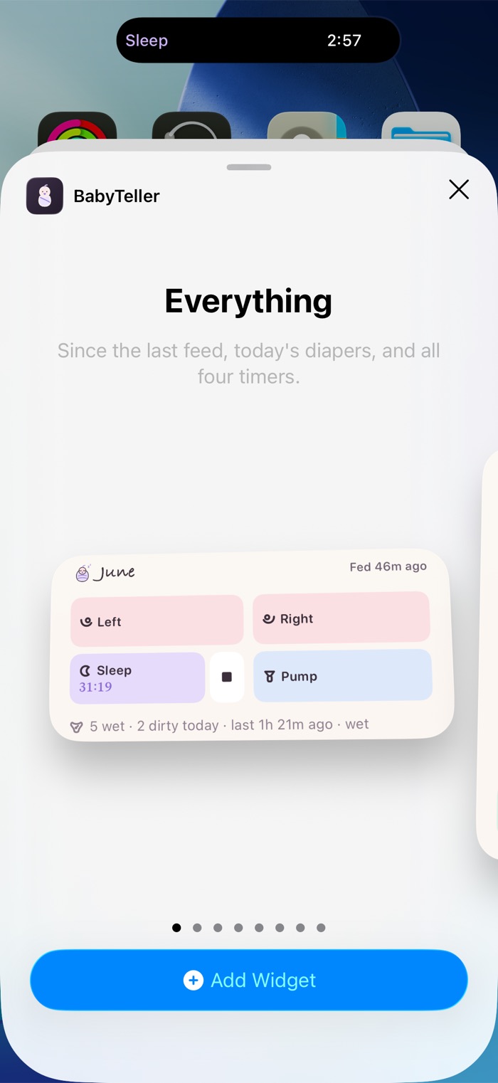 The iOS widget gallery showing BabyTeller’s Everything widget, one of eight